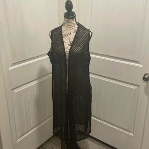 Lula Roe Joy Large Black and Gold Sleeveless Cardigan